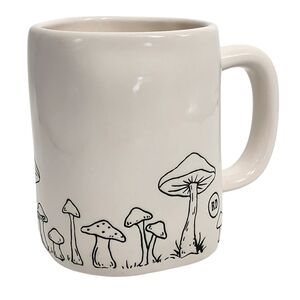 Rae‎ Dunn Double Sided Ceramic Coffee Mug Embossed Mushroom Design Ivory 16oz